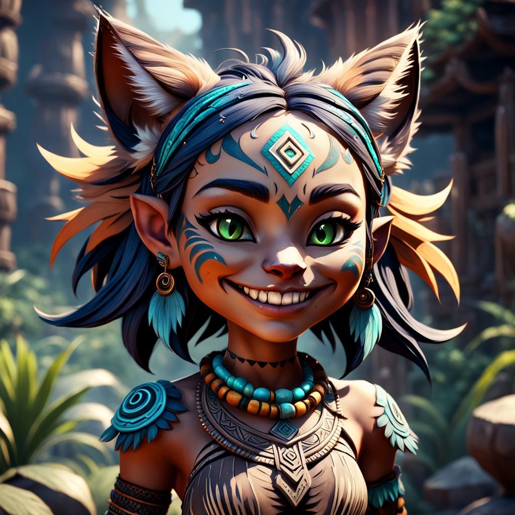 Tribal Catgirl with Spontaneous Smile: Fantasy Art