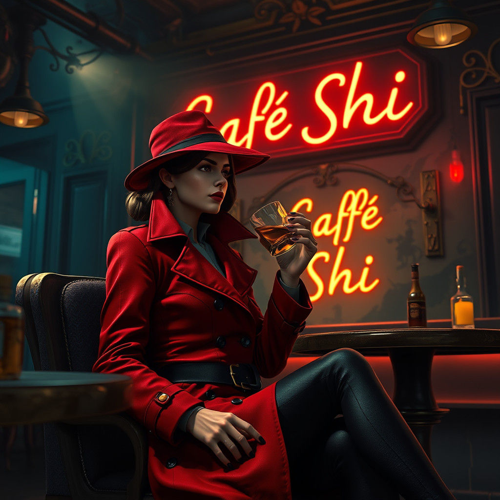 Crimson Spy at Cafe Shi: A Digital Concept Art