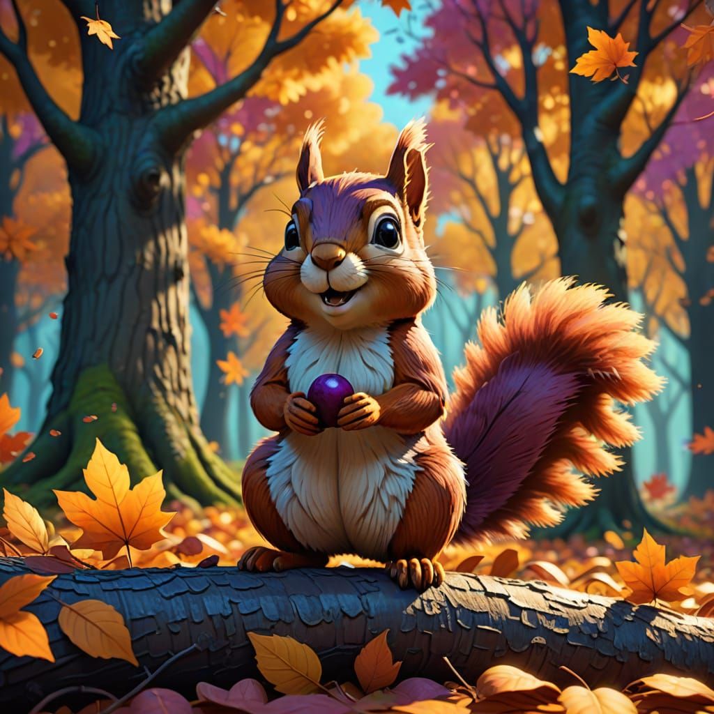 Squirrel in Autumn Forest - Whimsical Cartoon Illustration