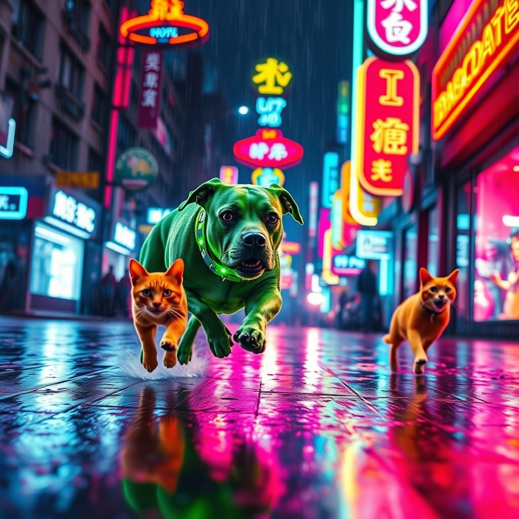 Neon Dog Chases Cat in Cyberpunk Cityscape