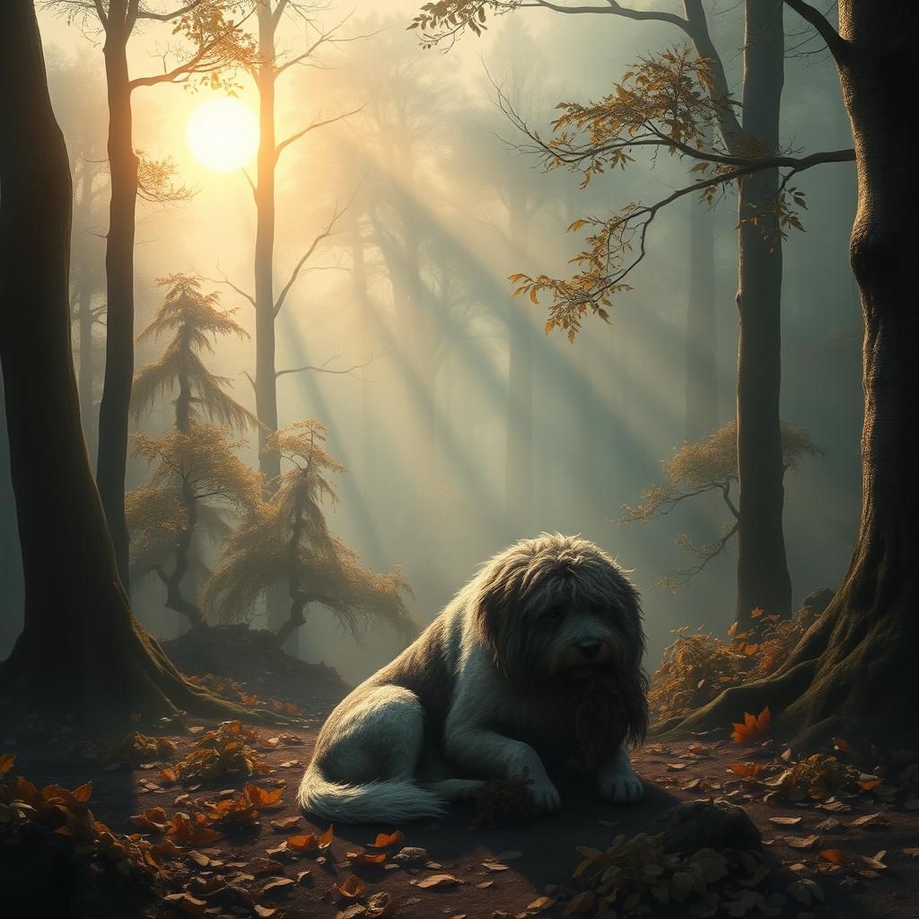 Wounded Dog in Ethereal Forest Landscape