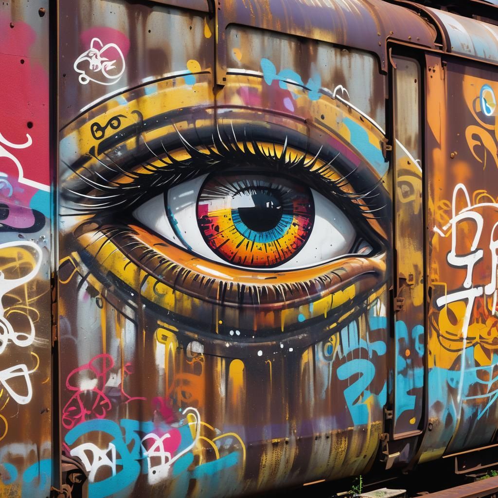 Vibrant Street Art Eye in Abandoned Train Yard