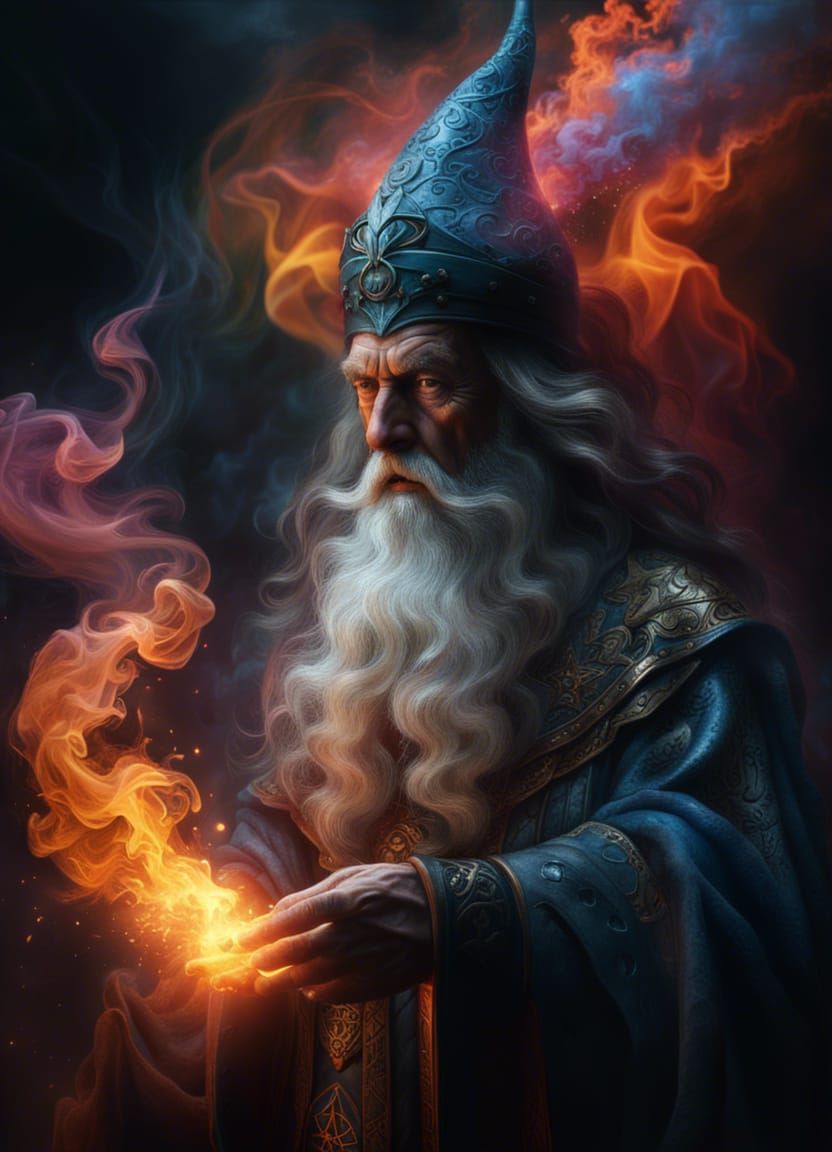 Wizard Fading into Smoke with Intricate Magic