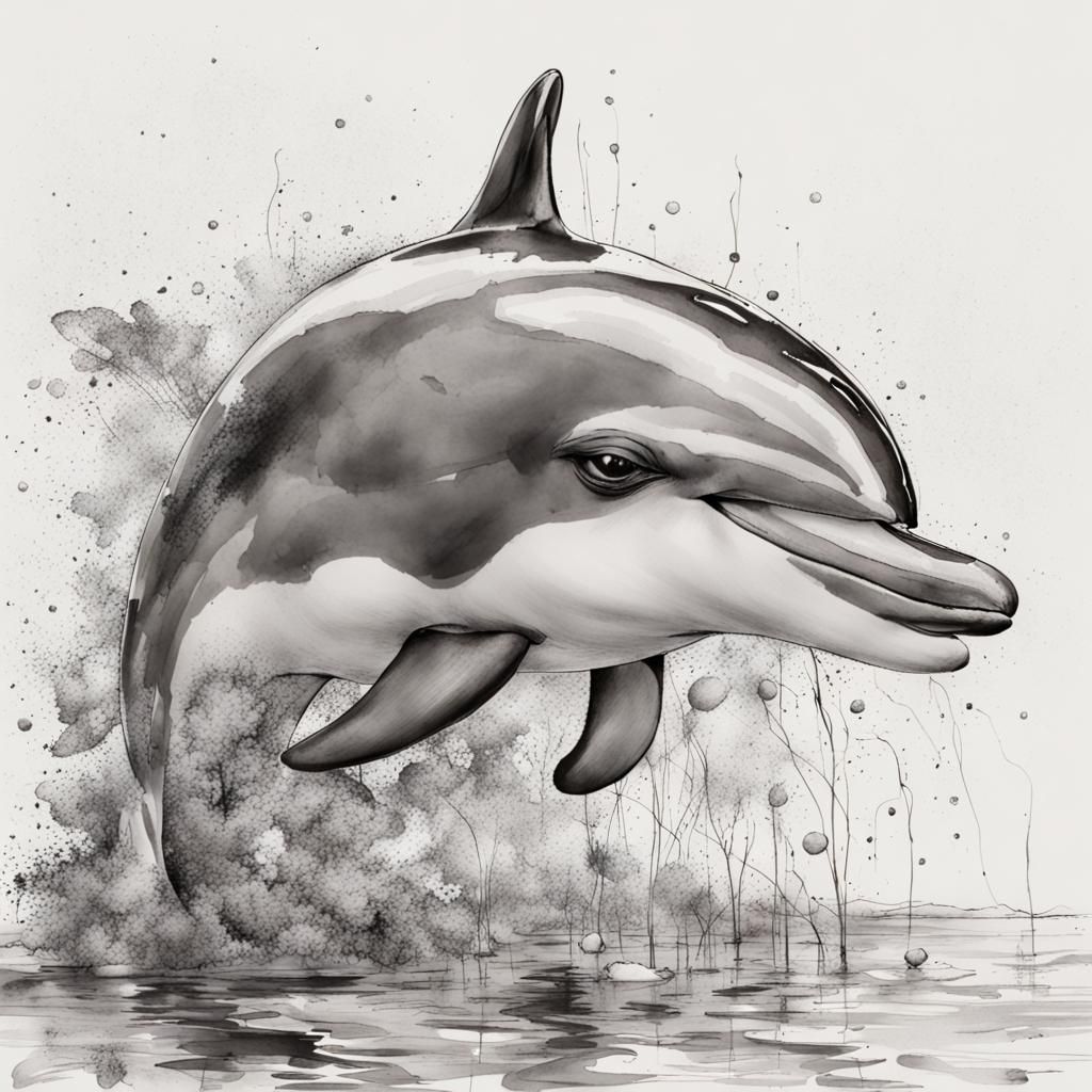 Dolphin in Trash Polka Style Digital Drawing