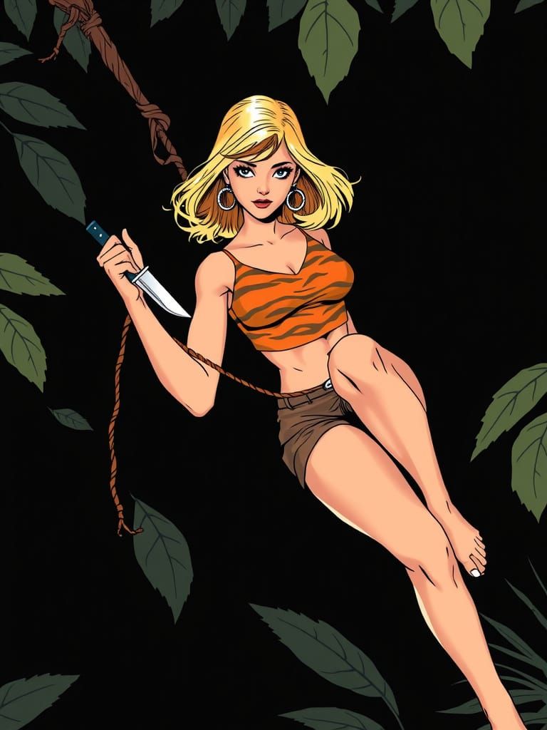 Jungle Woman Swinging on Vine in Comic Book Style