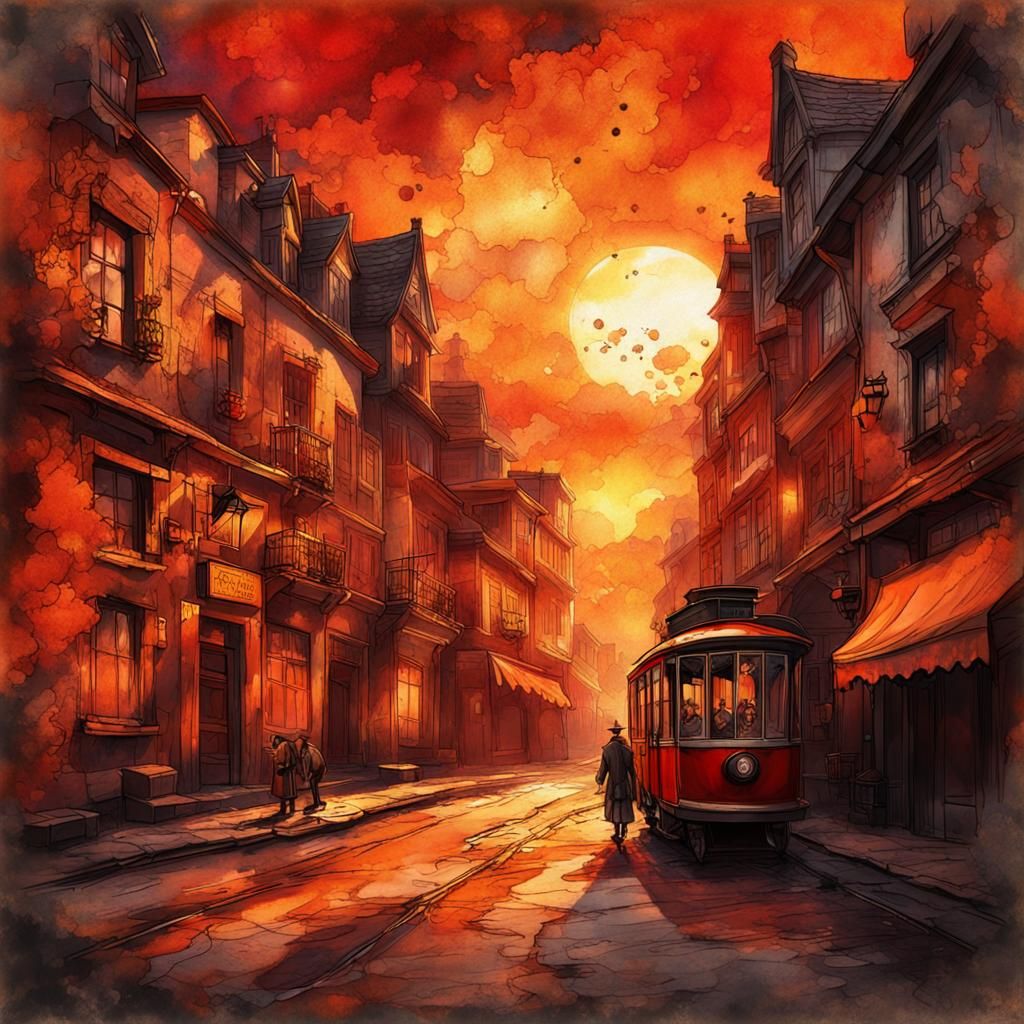 Steampunk Sunset Street Scene in Ink Painting Style