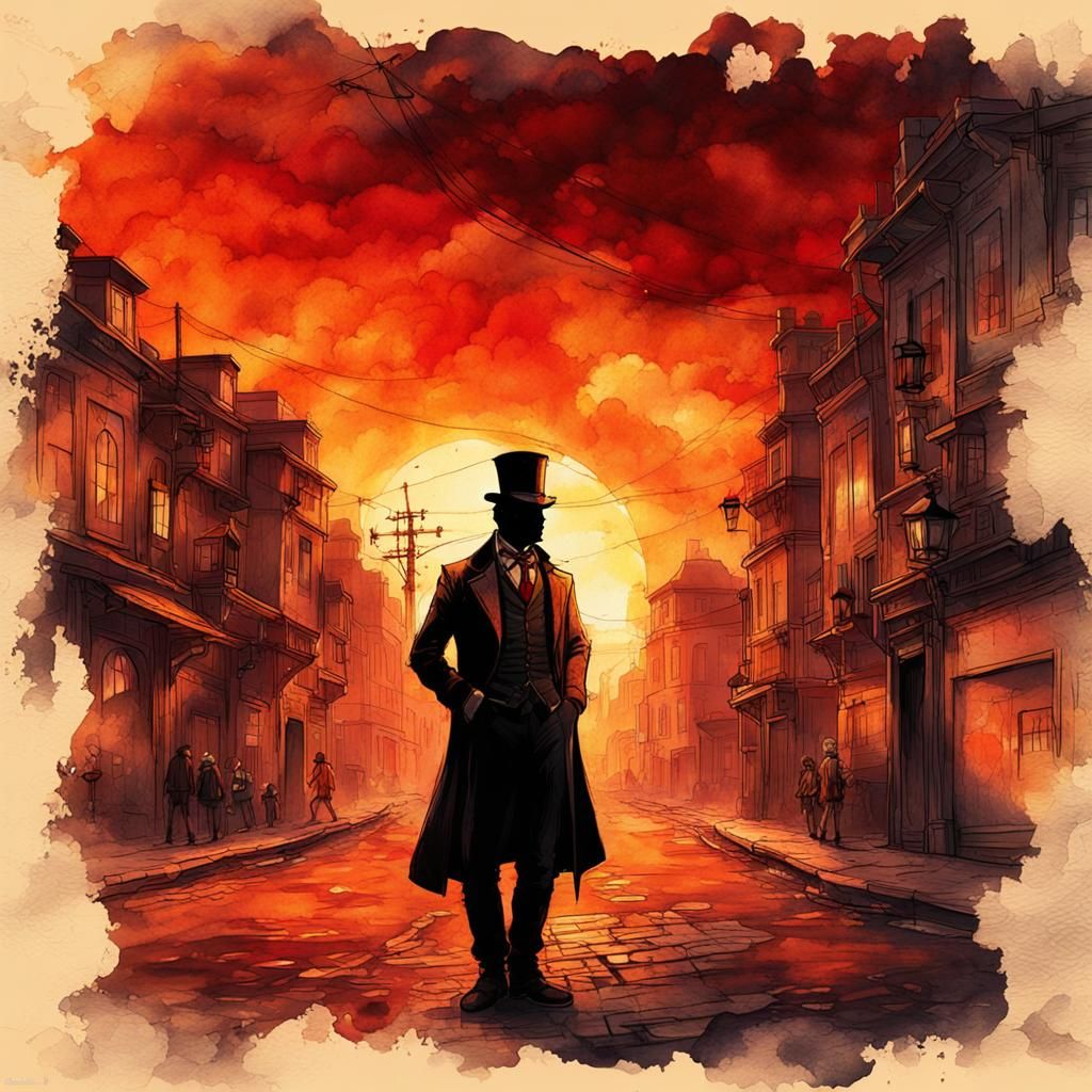 Steampunk Sunset Street Scene as Ink Painting