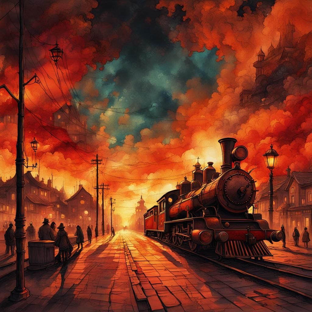 Steampunk Sunset: Modern Ink Painting with Vintage Elements