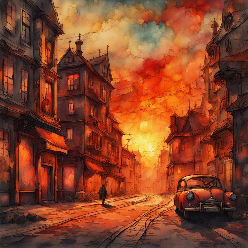 Orange and Red Sunset in Steampunk Ink Painting