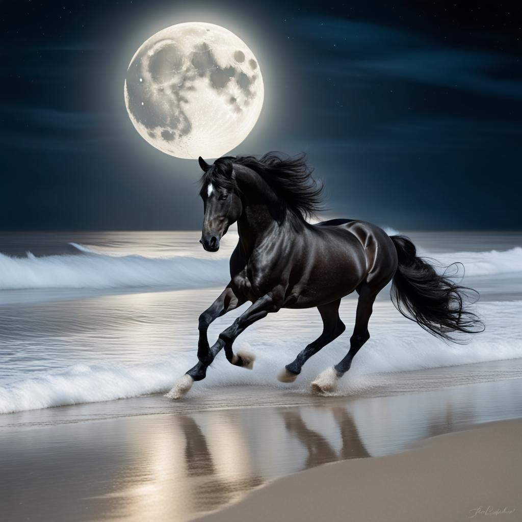 Friesian Horse Galloping on Beach Under Moonlight