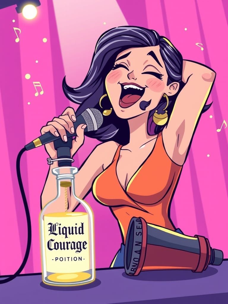 Bold Woman Sings with Dramatic Flair in Whimsical Cartoon Il...