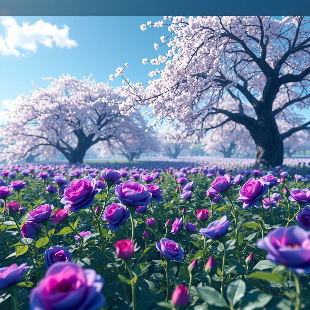 Whimsical Indigo Rose Landscape with Blossoming Cherry Trees