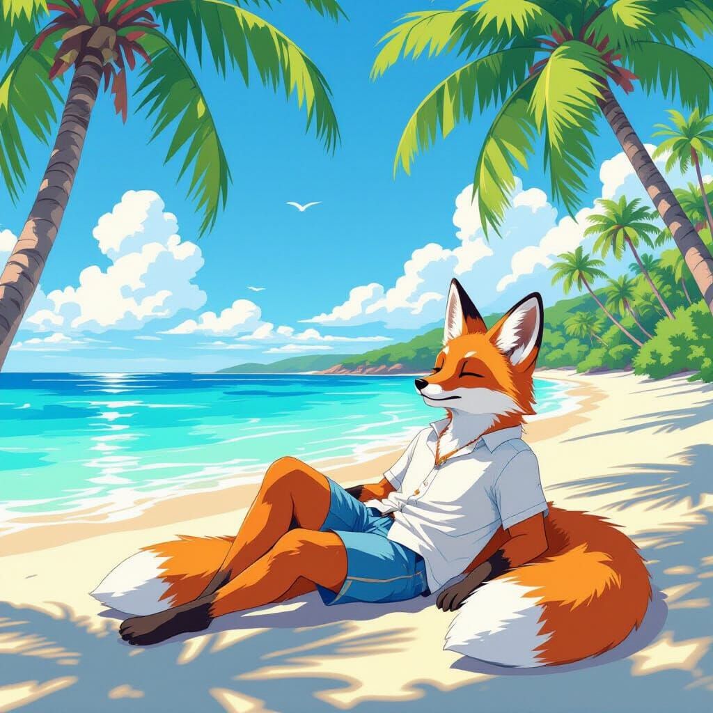 Cartoon Fox Lounging on a Tropical Beach