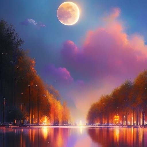 Champagne Skies and Lunar Reflection: Hyperrealistic Art