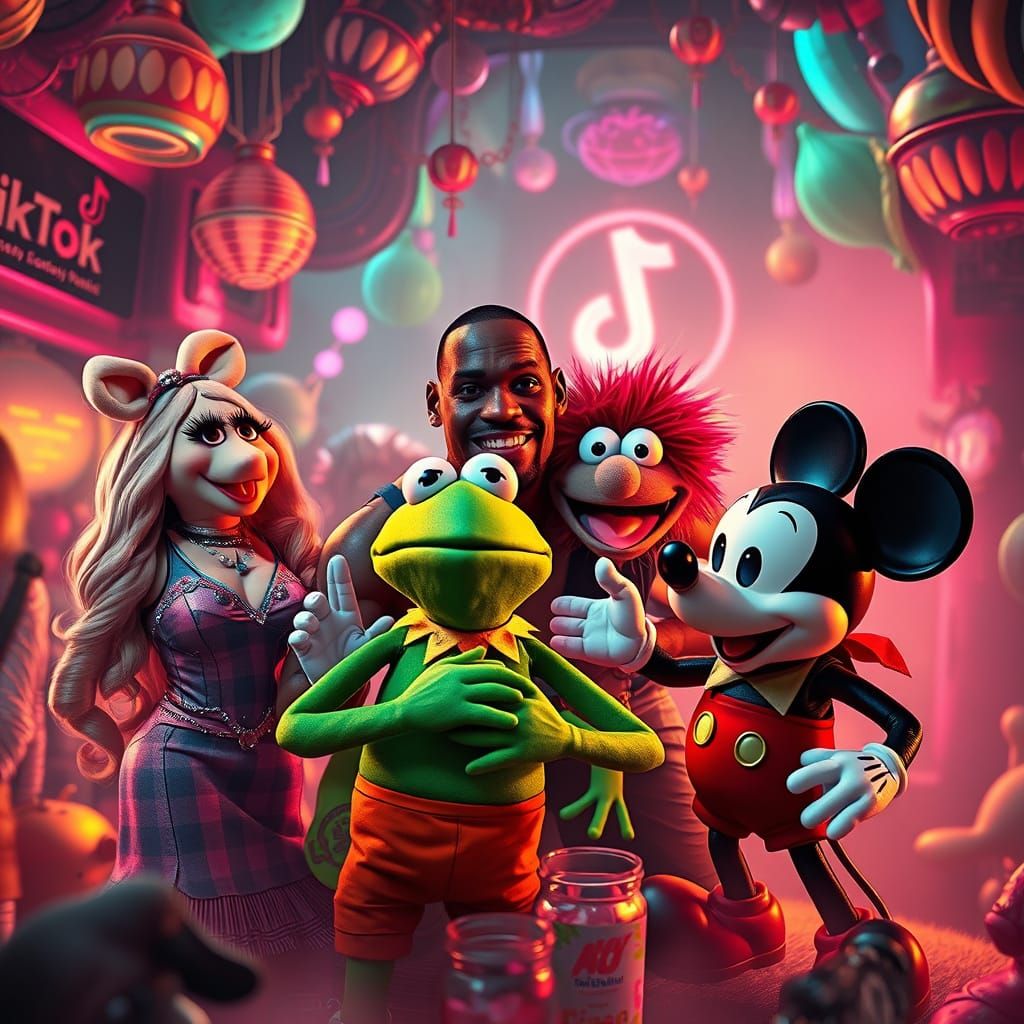 Epic Neon Party Scene with Retro Icons and Futuristic Flair