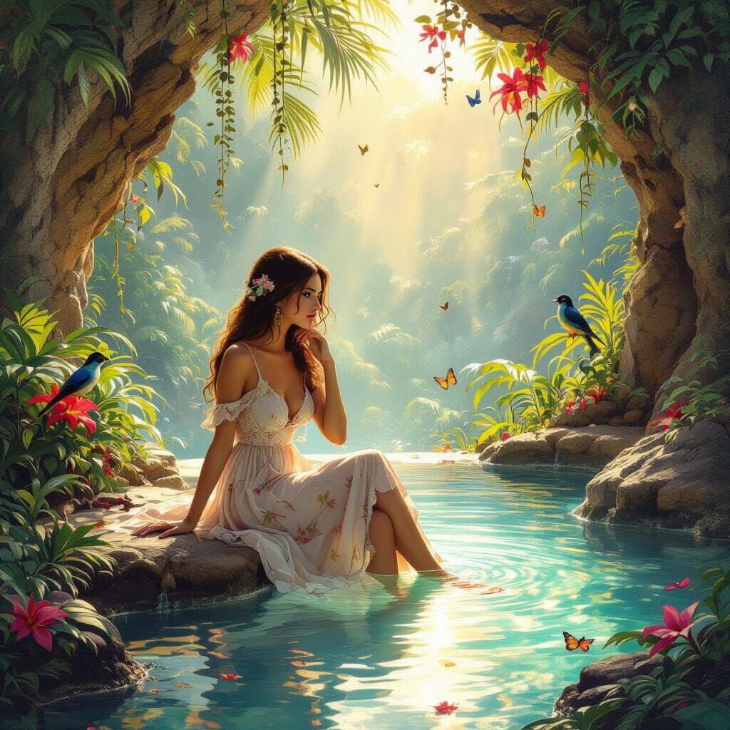 Serene Woman in Tropical Grotto, Hyperrealistic Digital Art