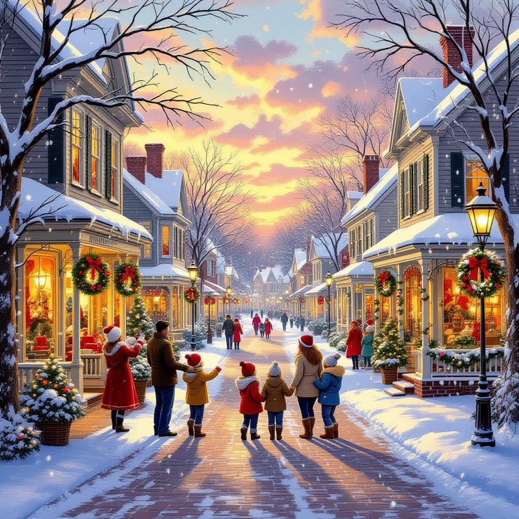 Charming Christmas Town Scene with Golden Hour Glow