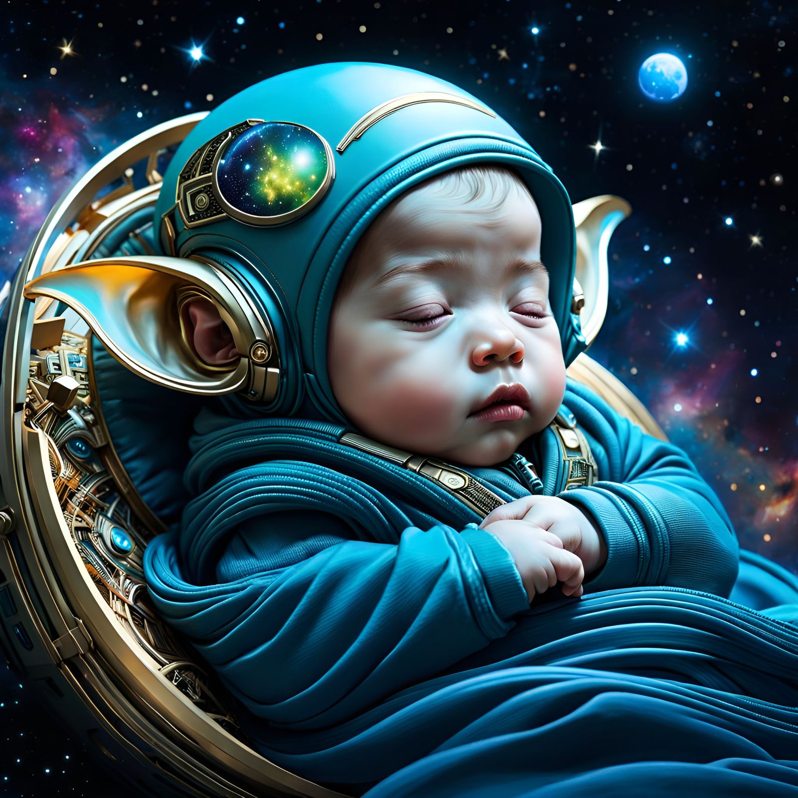 Adorable Sleeping Baby Alien Portrait in Space