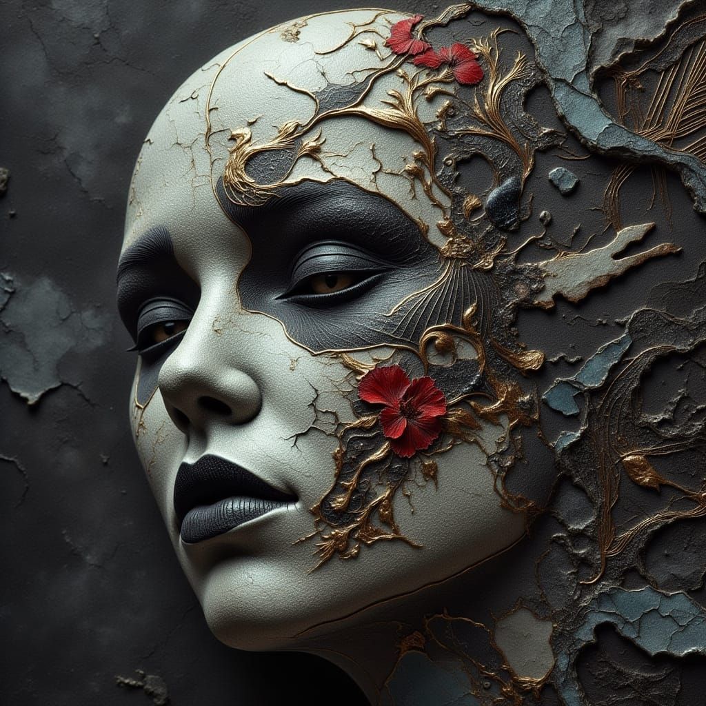 Sad Mask Overlaid with Malicious Mask in Dark Surrealism