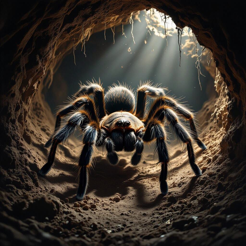 Giant Tarantula in Earthy Burrow, Hyperrealistic Concept Art