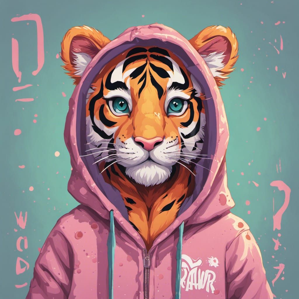 Rawr - Cute Cartoon Tiger with Rawr Sign, Anime Style, image size:1024x1024
