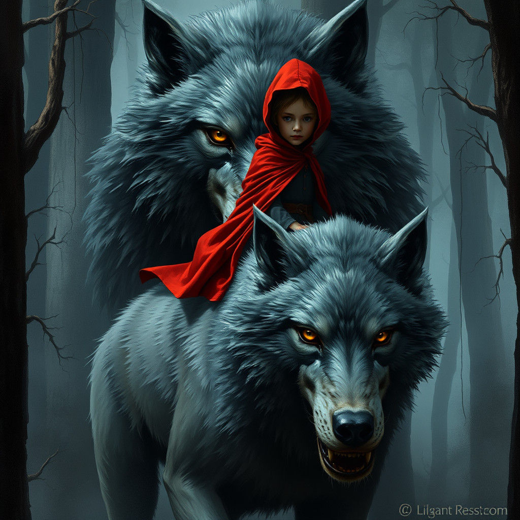 Red Riding Hood Rides Wolf in Dark Forest