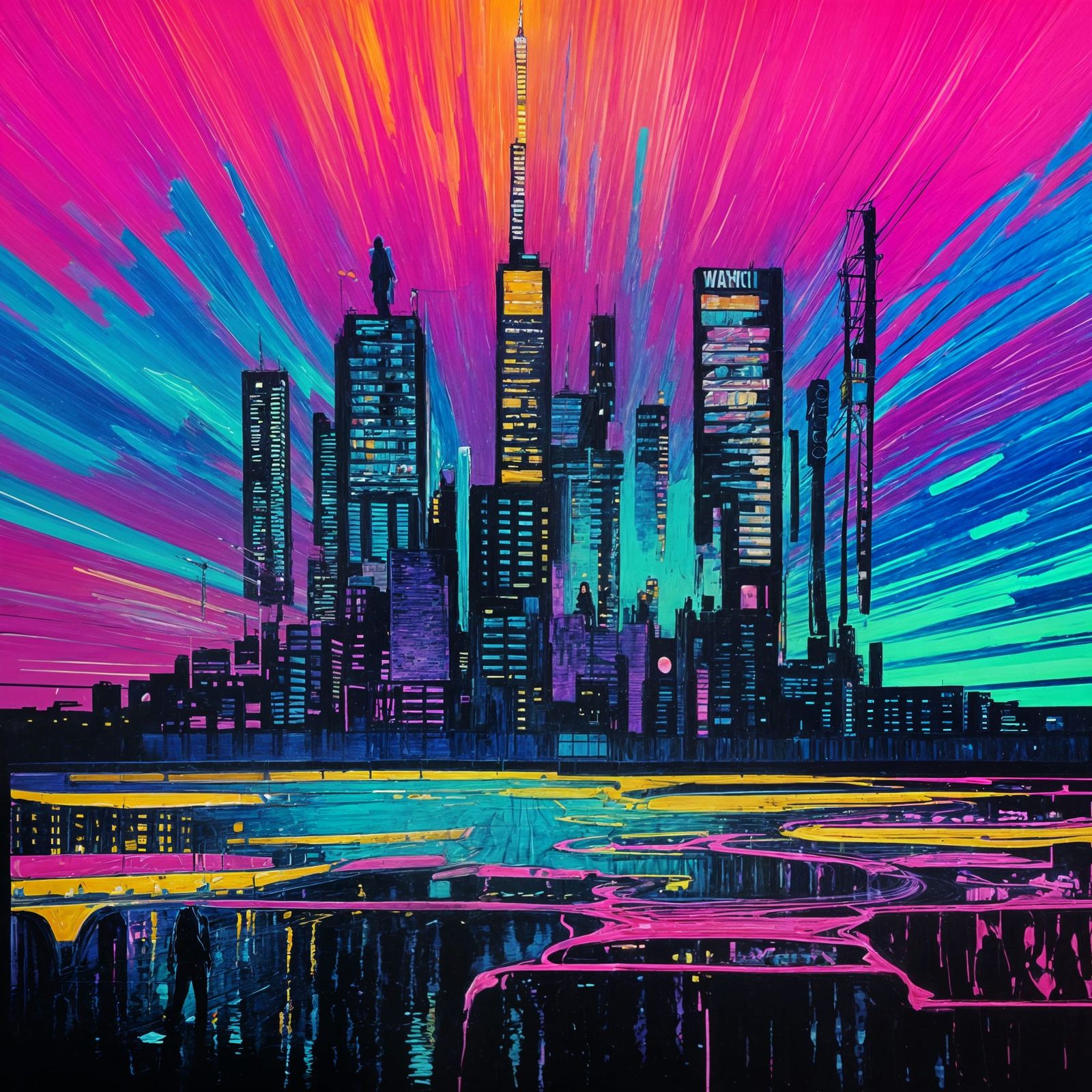 Gen Z Cityscape: Neon Swirls in Van Gogh Style
