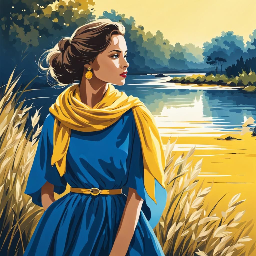 Woman at Riverbank in Romantic Illustration Style
