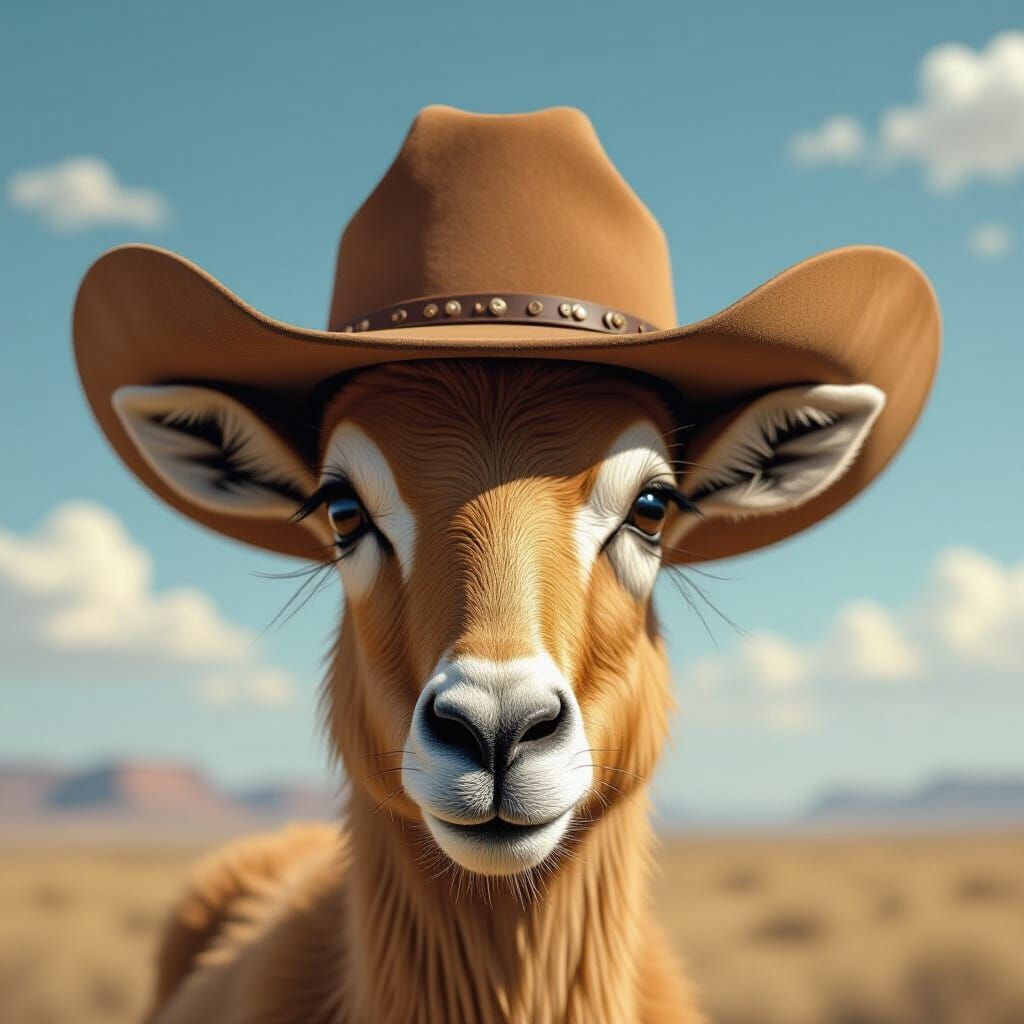 Closeup face portrait of a surreal anthelope wearing a cowbo...