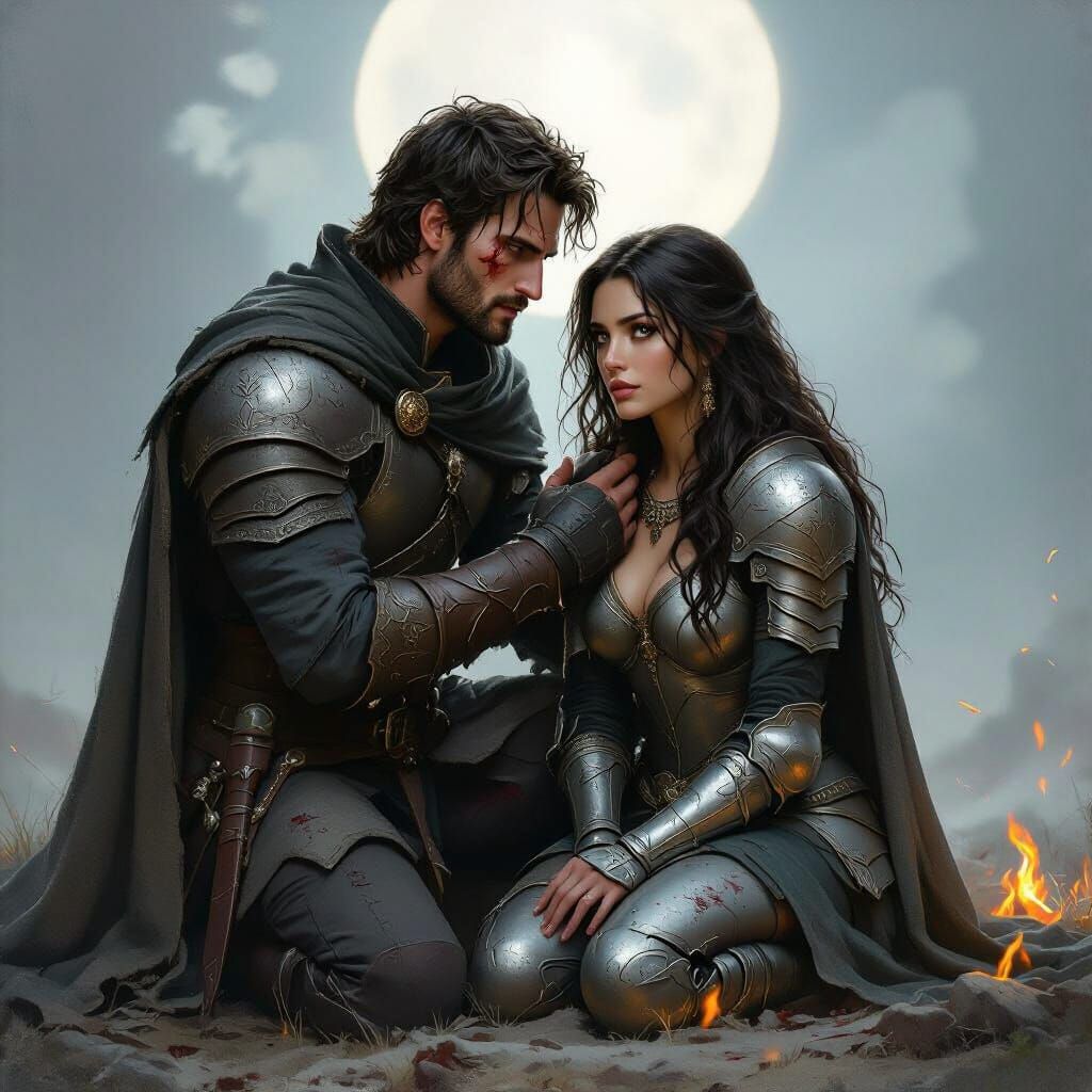 Medieval Fantasy Couple After Battle in Moonlight