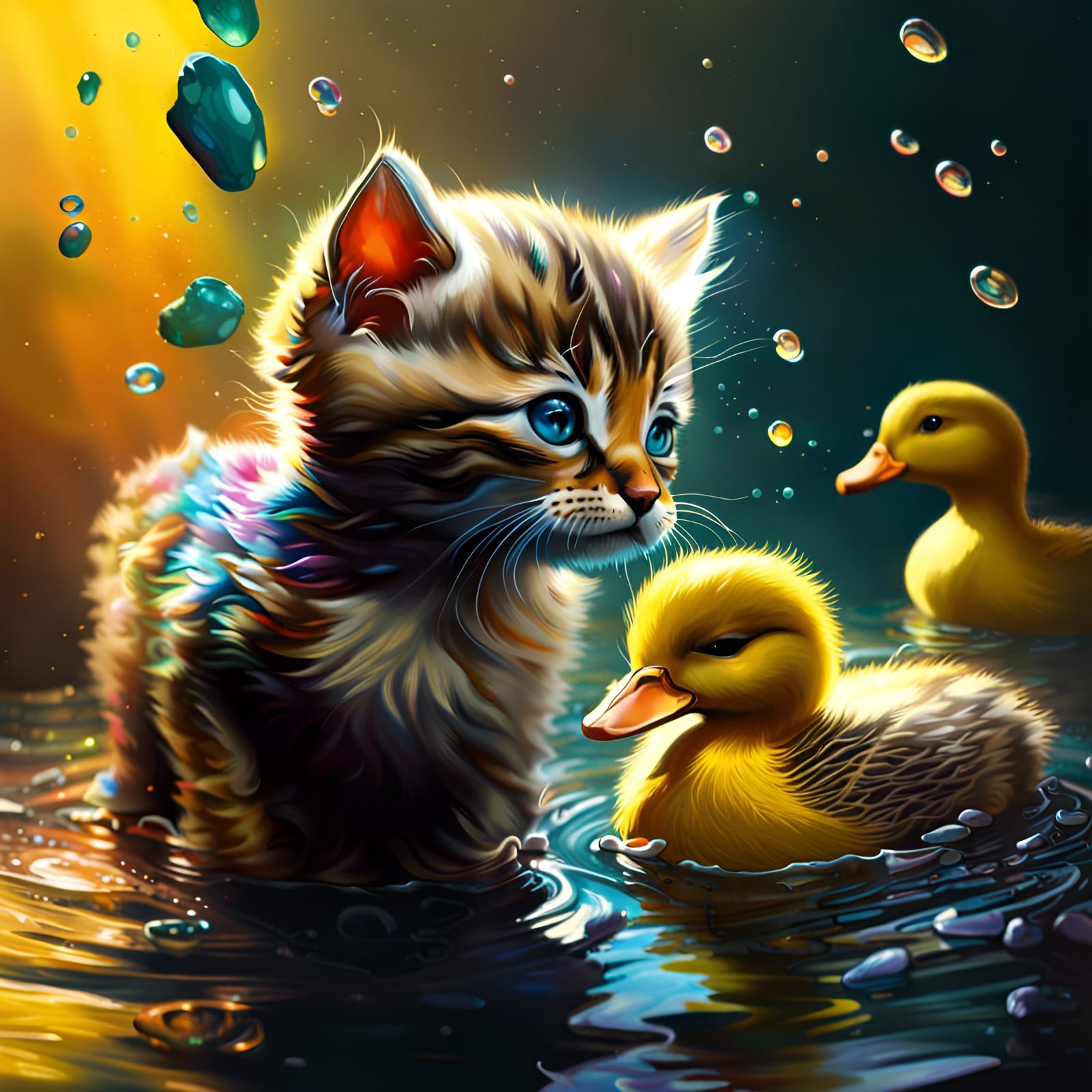 Hyperrealistic Kittens and Ducklings in Colorful Splash Art