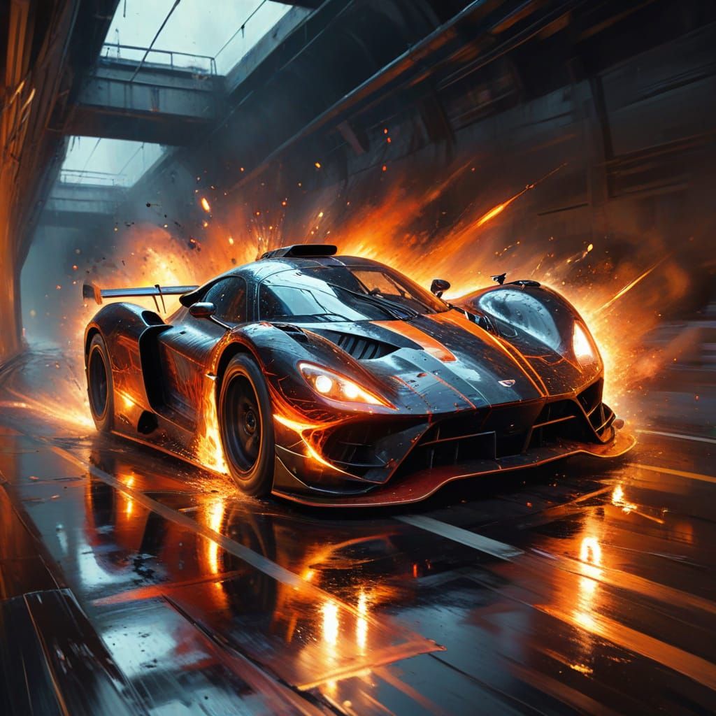 Futuristic Drag Racer Speeds Through Dark Tunnel as Oil Pain...