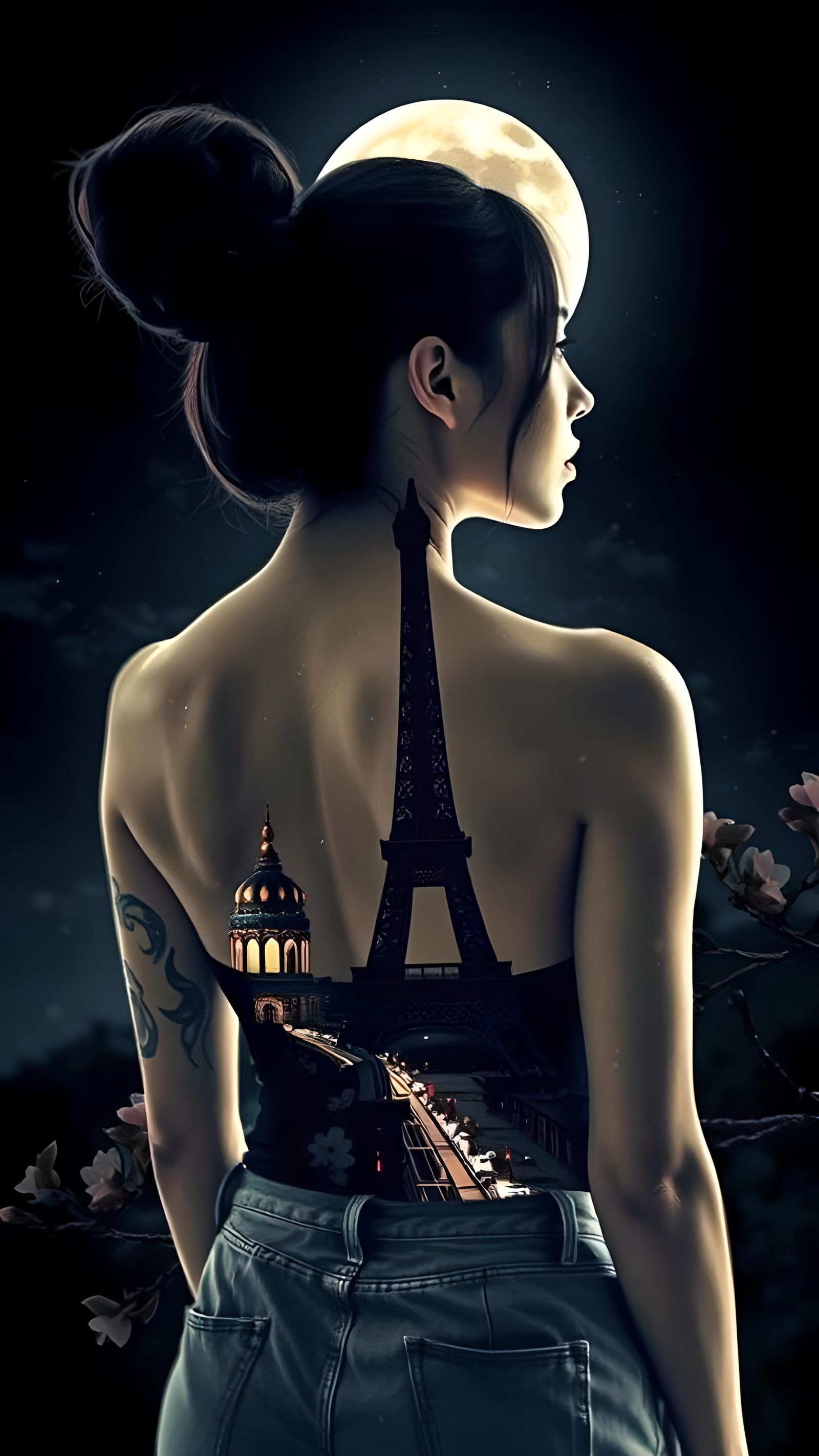 Asian Woman with Yakuza Tattoos and Paris Double Exposure