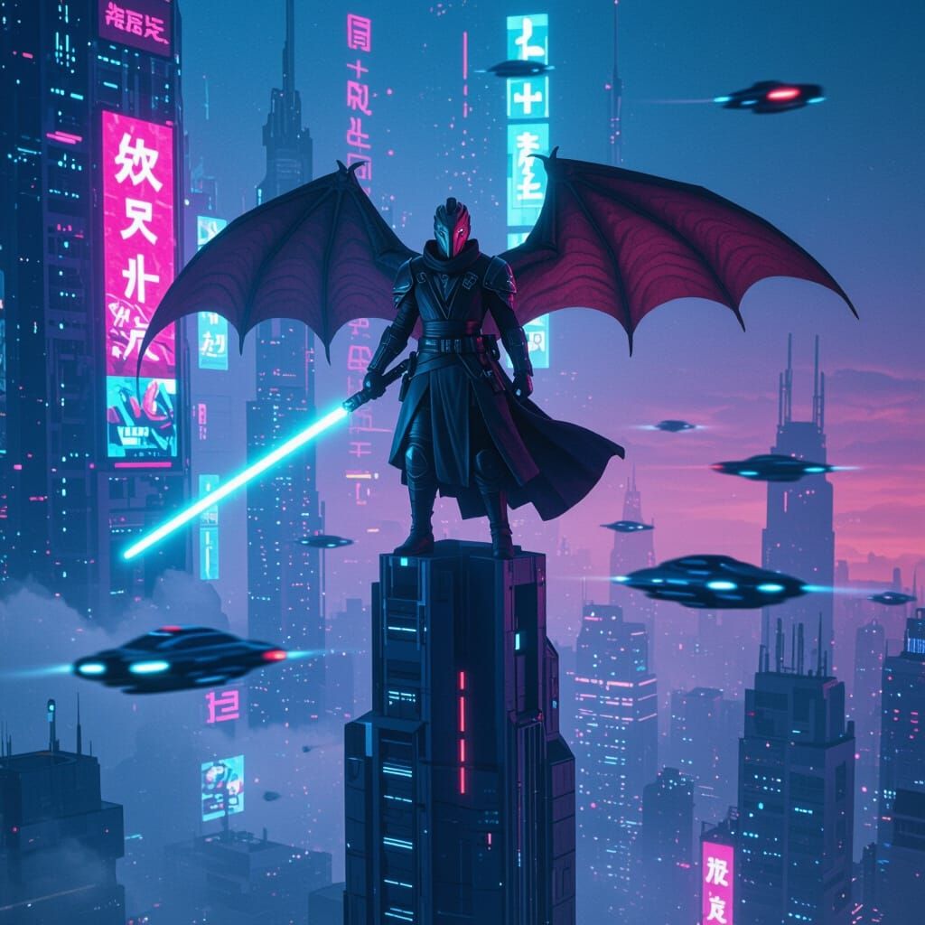 Cyberpunk Dragon Jedi Knight on Skyscraper