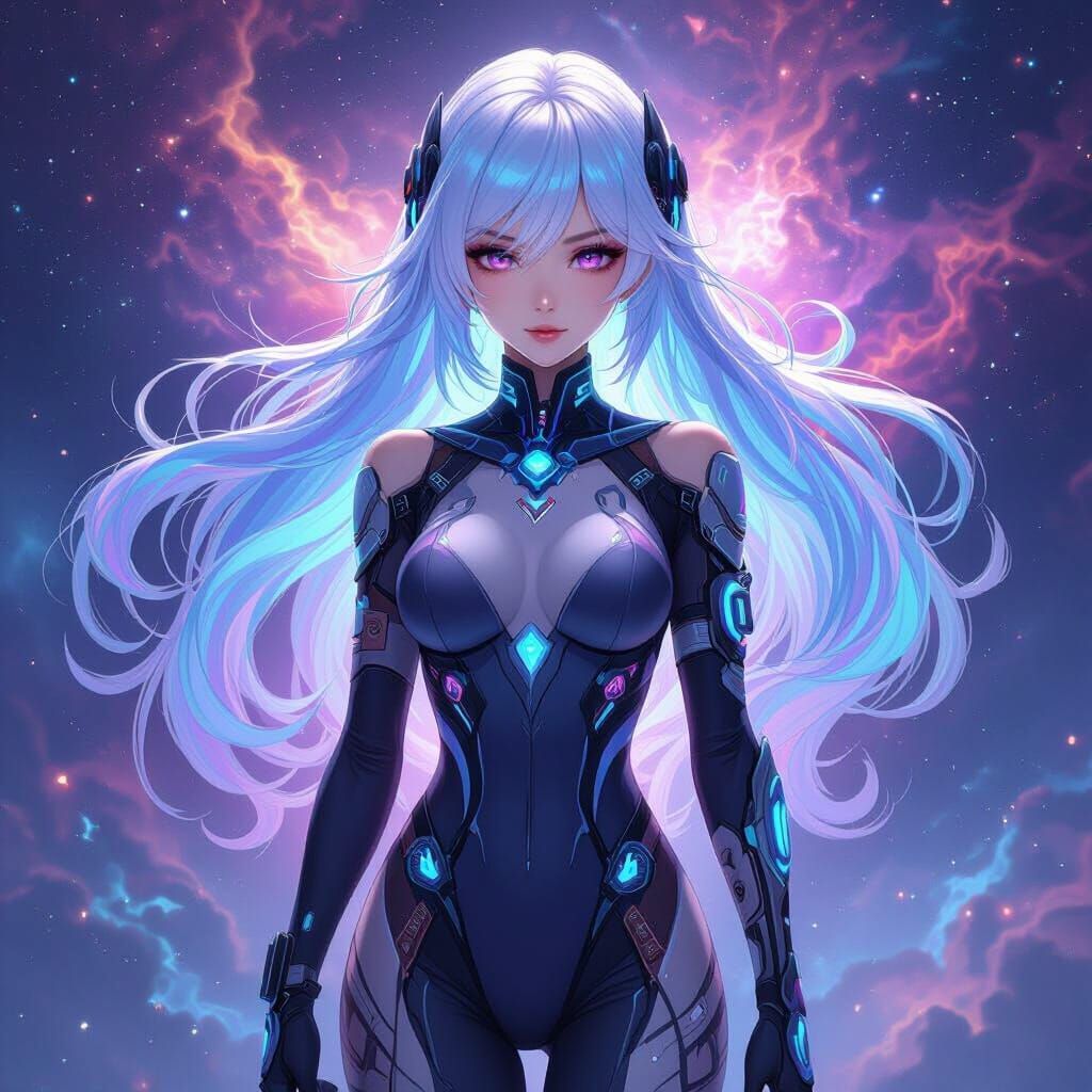Anime Woman with Cybernetic Accessories in Ethereal Style