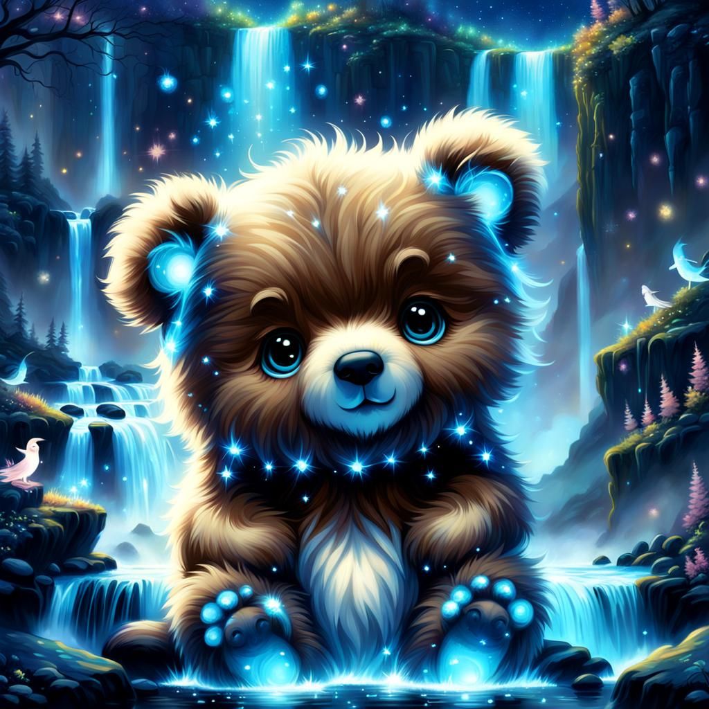 Chibi Constellation Bear Above Bioluminescent Waterfall