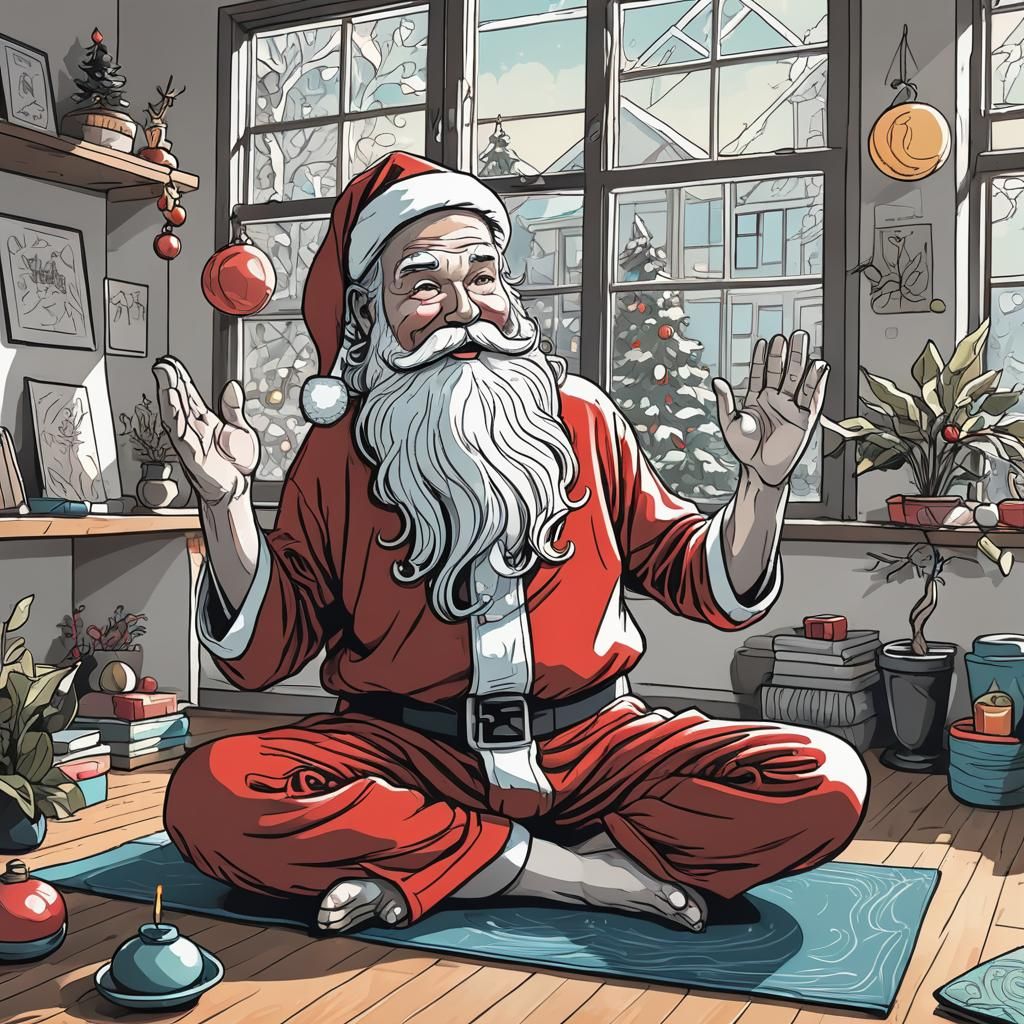 Santa Does Yoga: A Quirky Ink Illustration