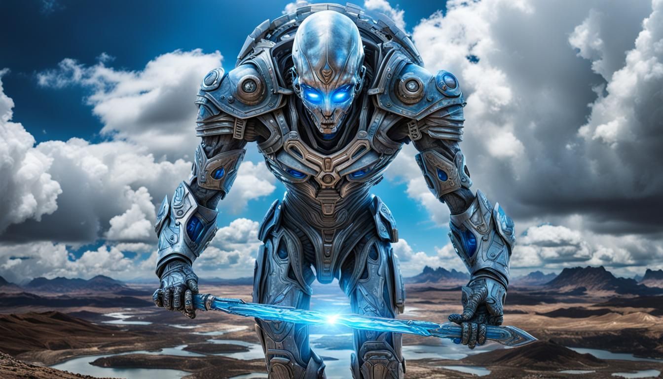 Cyborg Alien Guards Time Portal in Hyperrealistic HDR