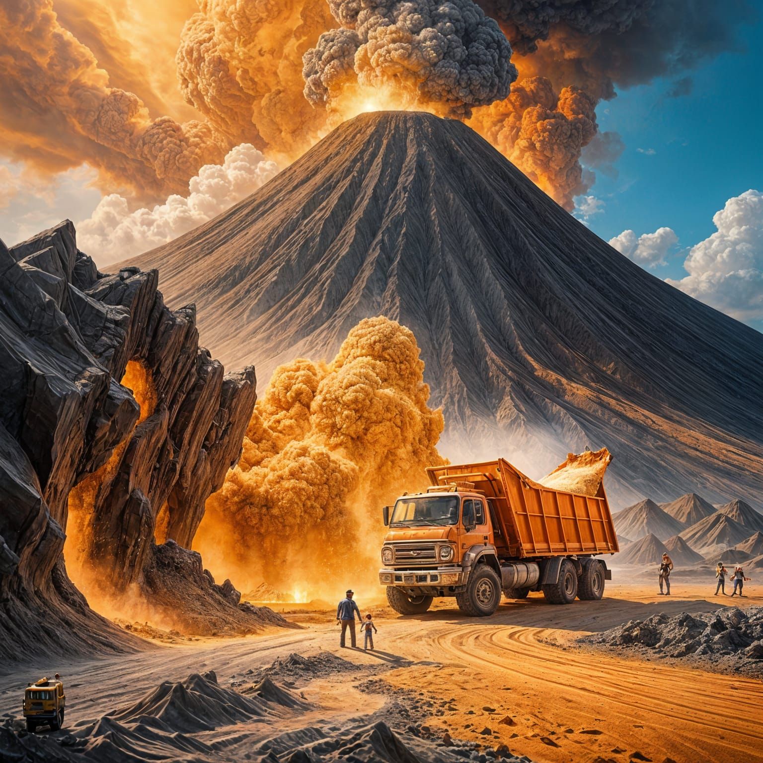 Giant Sand Truck Erupting Volcano With Tiny People