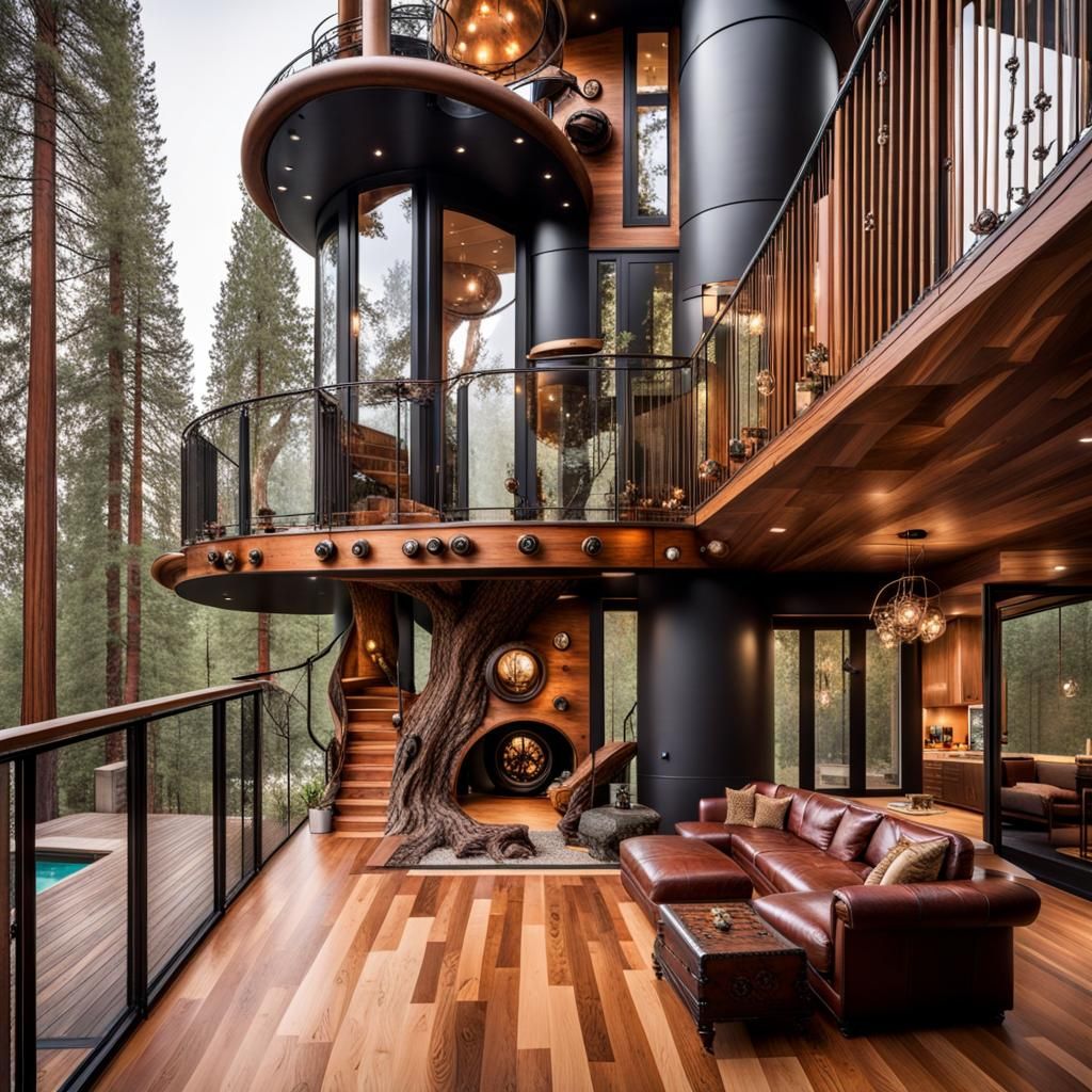 Modern Home in Sequoia Tree with Steampunk Engine
