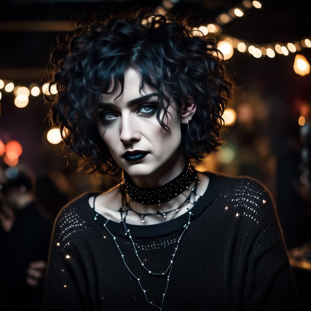 Gothic Woman in Nightclub with Surreal Lighting
