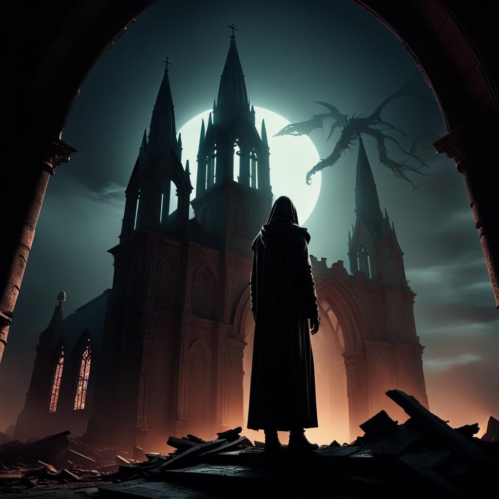 Alien Figure Towers Over Crumbling Church Ruins