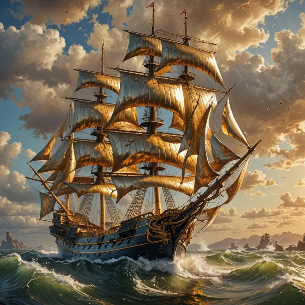 Gilded Sailing Ship in Hyperrealistic Splash Art