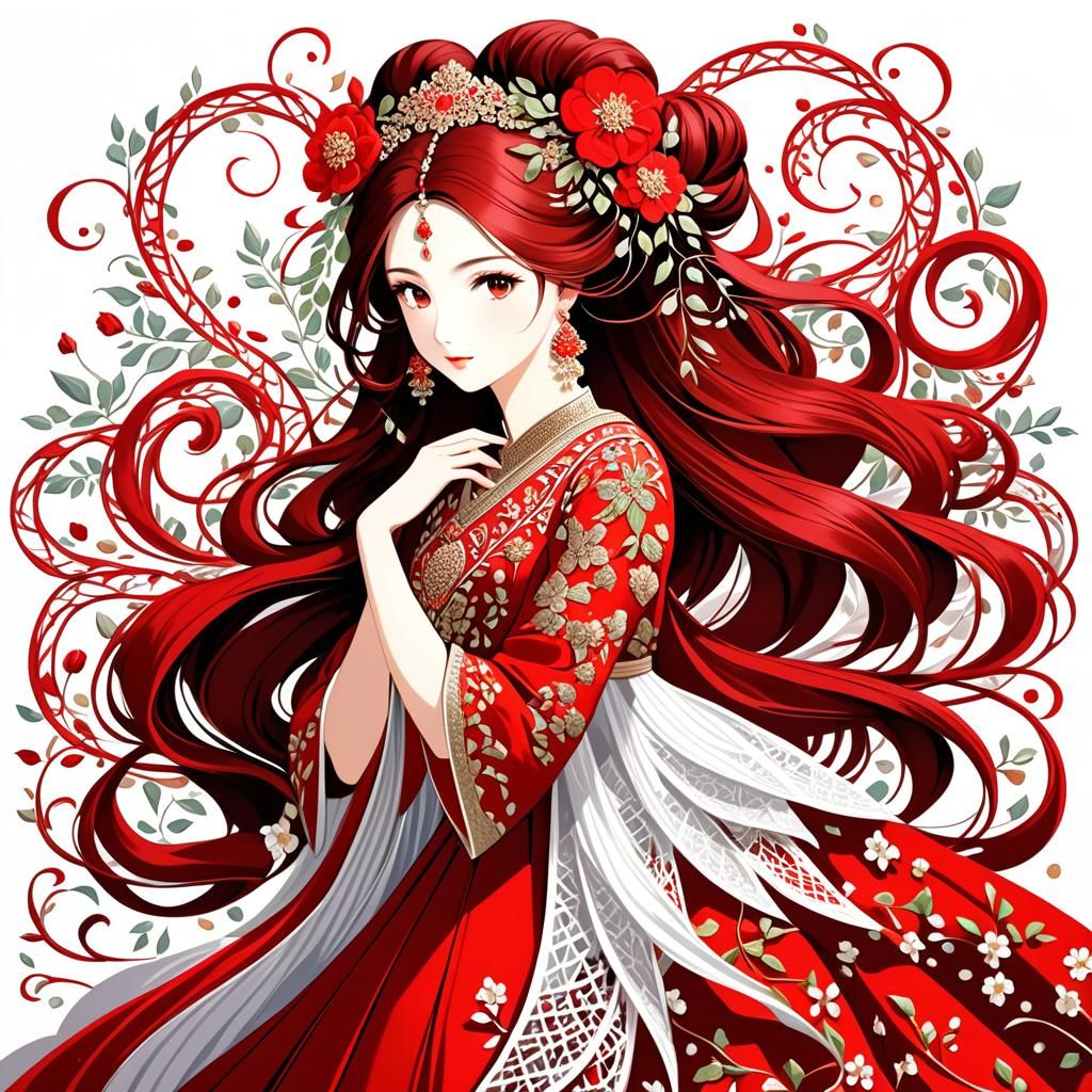 Intricate String Art Oil Painting of Woman in Red