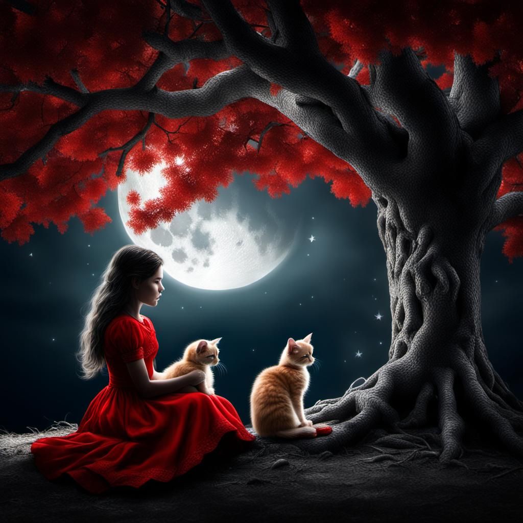 Girl in Red Dress with Kitten Under Moonlight