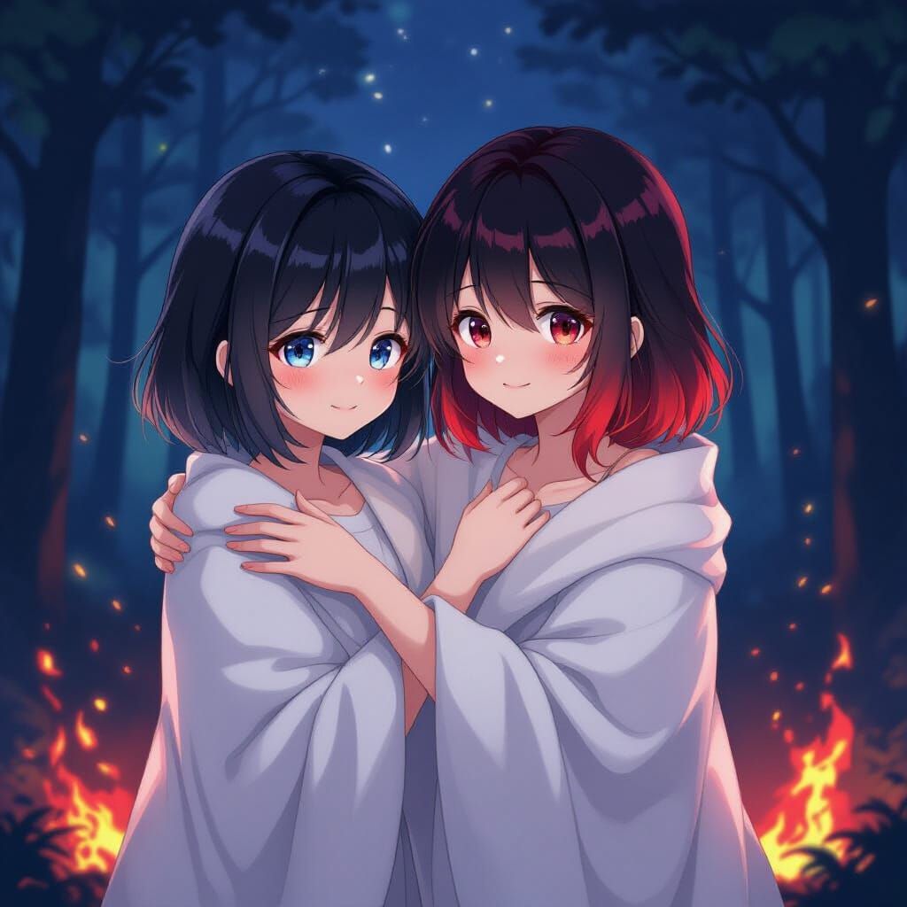 Anime Style Women Embrace in Fiery Forest