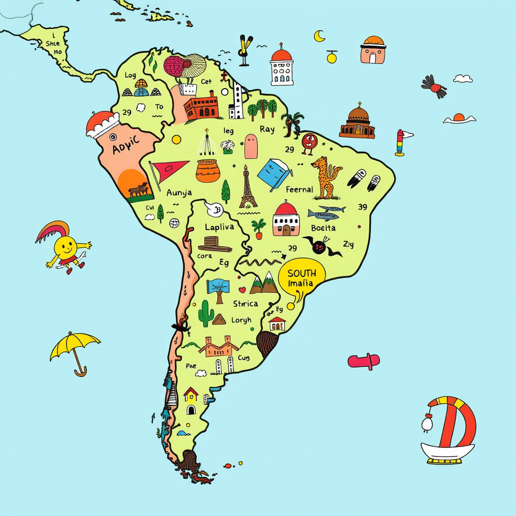 South America Map in Colorful Doodle Art