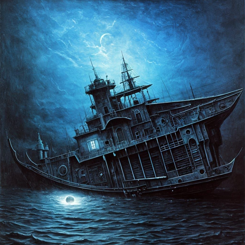 Surreal Ghost Ship at Night in Dark Style