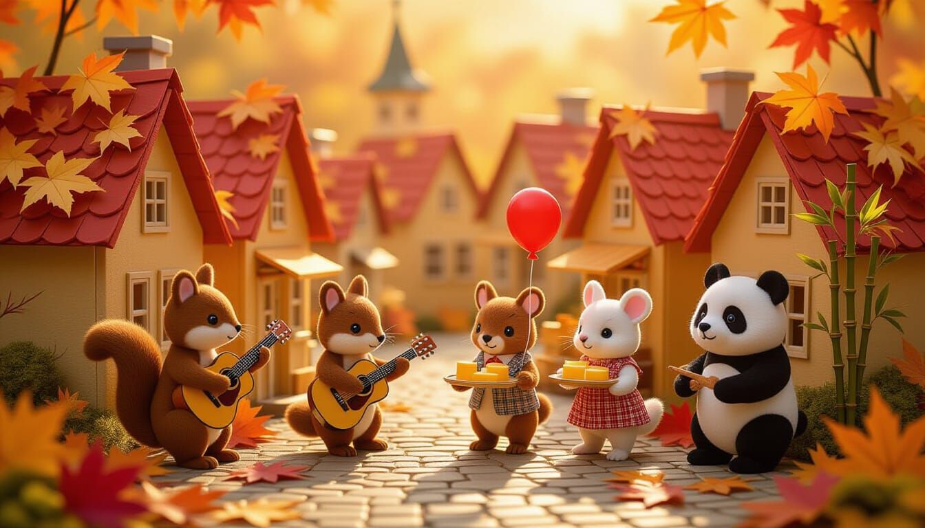 Origami Autumn Leaf City with Ghibli Animals