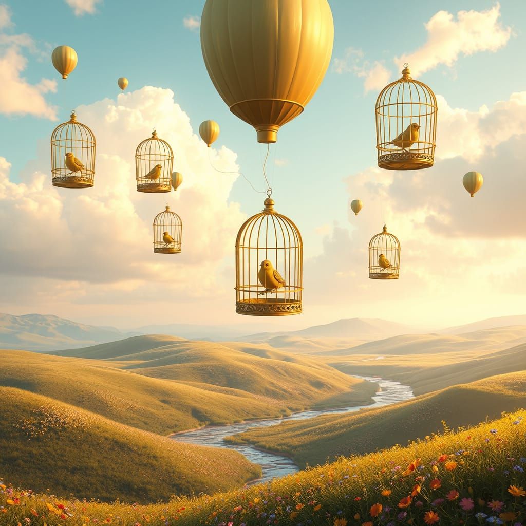Golden Birdcage Balloons in Pastel Sky: Matte Painting